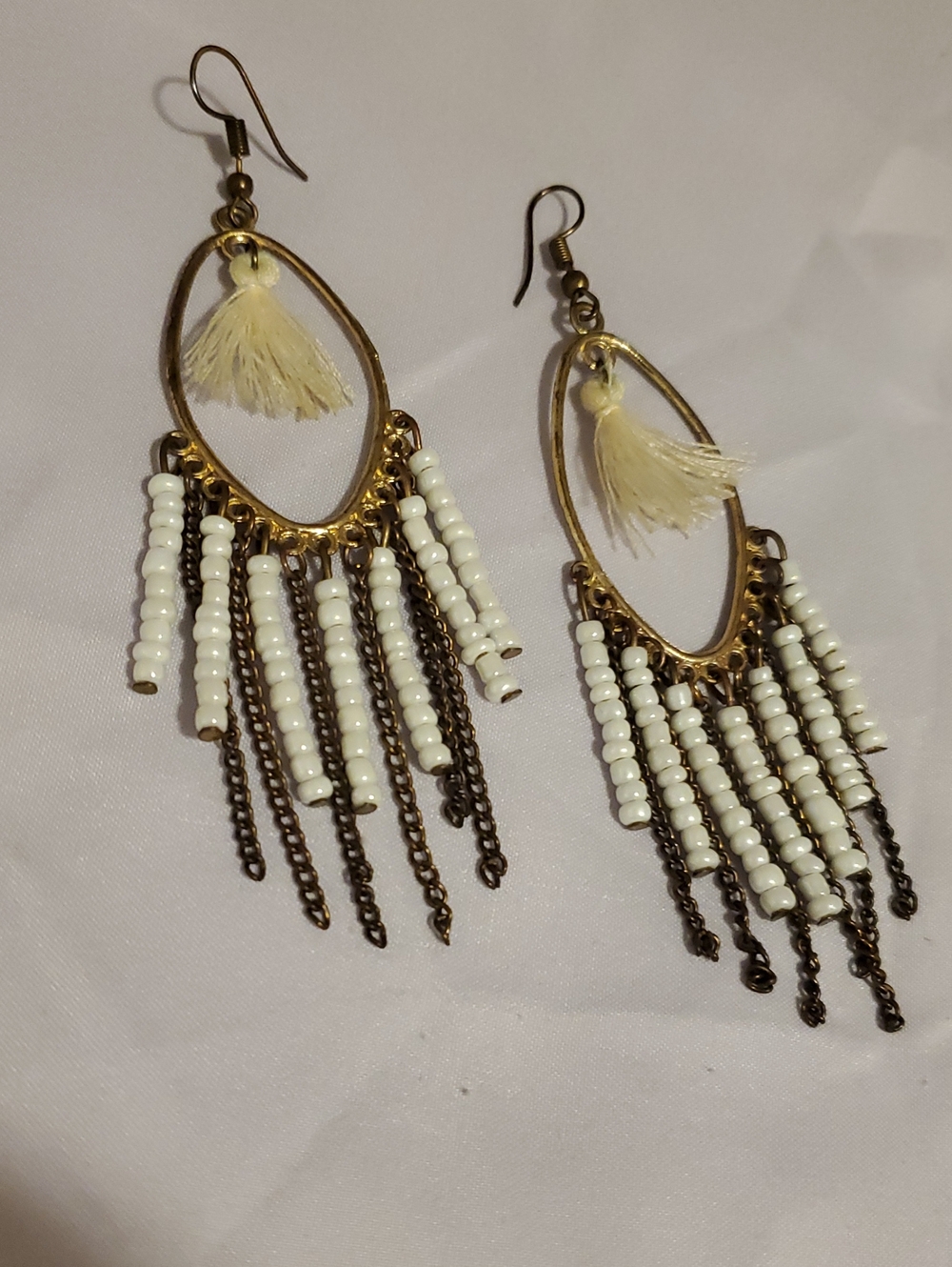 Tassel Hoop Earrings - White Bead & Chain Fringe